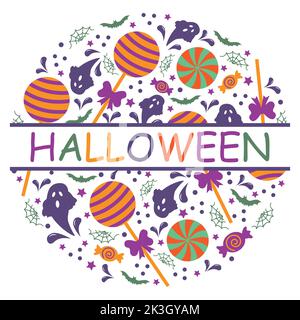 Round Halloween frame with ghosts, cobwebs and sweets, vector illustration. Stock Vector