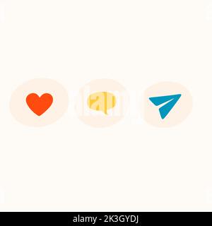 Like, comment and repost stickers for a social media, making a blog or vlog vector flat illustration. Set of cartoon icons for making internet content Stock Vector