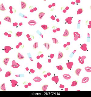 Seamless pattern with heart, lips, cherry, lipstick, strawberry, nail polish in 1980s 1990s style. Vector retro background with pop girly stickers in Stock Vector