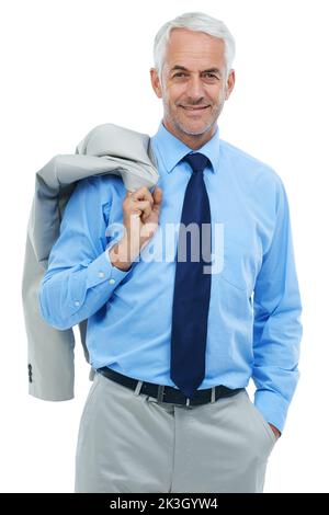 Content with his business success. Studio portrait of relaxed-looking mature businessman isolated on white. Stock Photo