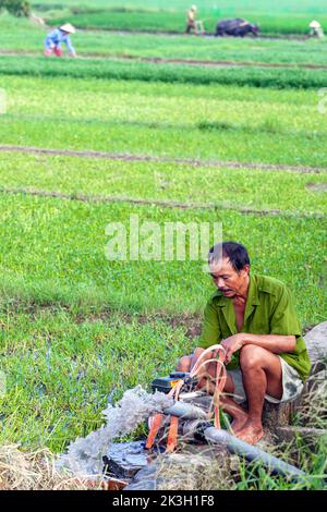 Vietnamese farmer with water pump in rice paddy, rural Hai Phong, Vietnam Stock Photo