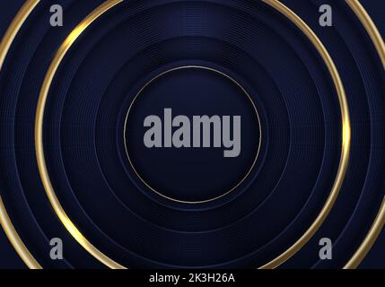 Elegant 3D golden circles with blue circle and lighting on dark background. Luxury style. Vector illustration Stock Vector