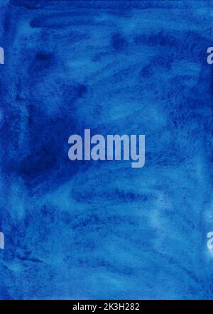 Watercolor deep blue liquid background. Azure blue stains on paper backdrop. Stock Photo