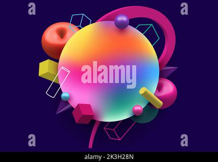 Abstract colorful 3D geometric shapes elements on dark blue background. Vector illustration Stock Vector