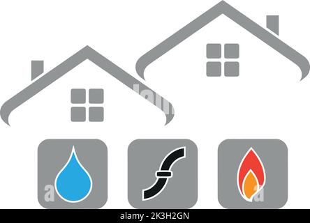 Two houses and fire, pipes, water, repairman, plumber, logo Stock Vector