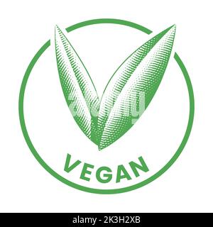 Vegan Round Icon with Engraved Green Leaves isolated on a White Background Stock Vector