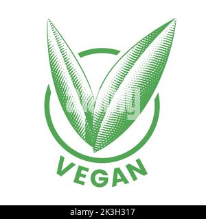 Vegan Round Icon with Engraved Green Leaves isolated on a White Background Stock Vector