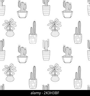 Seamless pattern with hand drawn doodle outline potted cactuses. Home plant, linear succulent. Vector black and white illustration on white background Stock Vector