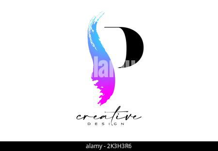 Brush Letter P logo desgn with Artistic Colorful Blue Purple Paintbrush Stroke Vector. Elegant Initial Modern P Logo Icon Idea with Serif Font Vector Stock Vector