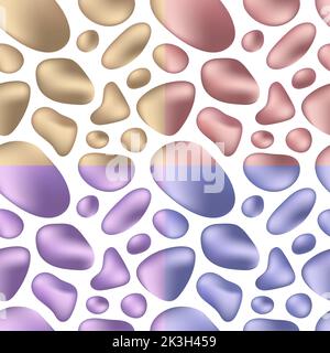 3D fluid or liquid shapes golden, pink gold, blue, purple metallic seamless pattern isolated on white background. Vector illustration Stock Vector