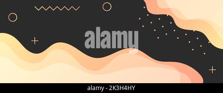 Abstract horizontal template on black background with liquid shapes orange gradient color and different geometric figures. Bright colors minimalism Stock Vector