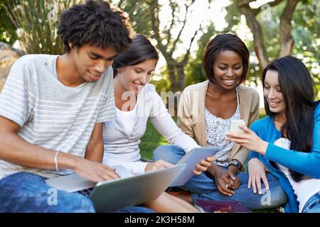 College diversity. a diverse group of college students sitting outside using digital tablet. Stock Photo