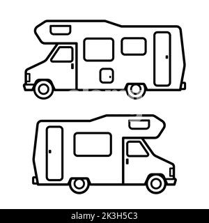 Vintage motorhome or camper van side view - retro vector icon set with bold black outlines on white background Stock Vector