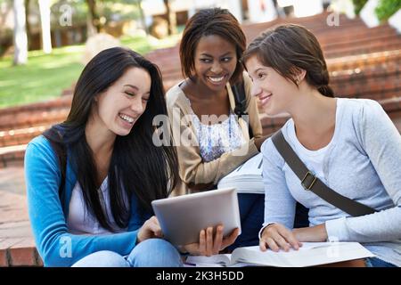 Taking a study break. a diverse group of college students sitting together outside doing online research. Stock Photo