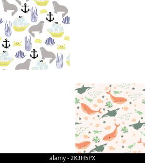 Vector seamless pattern with fish,penguin,whale,killer whale, octopus.Underwater cartoon creatures.Marine background.Cute ocean pattern for fabric Stock Vector
