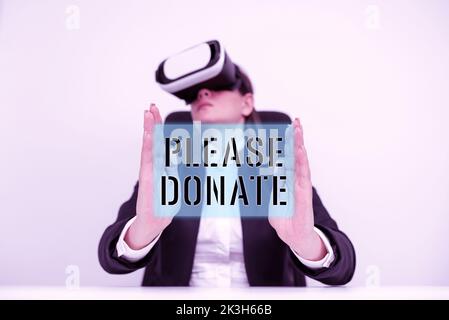 Text sign showing Please Donate. Business concept Supply Furnish Hand out Contribute Grant Aid to Charity Stock Photo