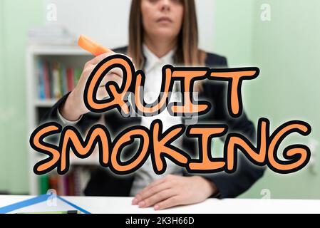 Text caption presenting Quit Smoking. Word for Discontinuing or stopping the use of tobacco addiction Stock Photo