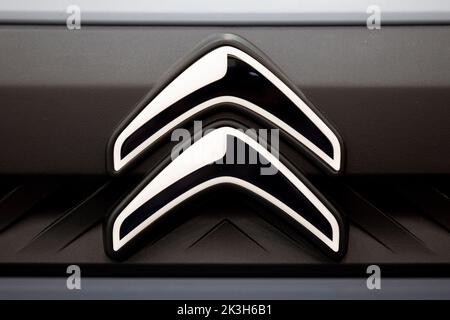 Sofia, Bulgaria - 3 June, 2022: Close-up of Citroen logo is seen at Sofia Motor Show. Stock Photo