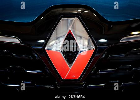 Sofia, Bulgaria - 3 June, 2022: Close-up of Renault logo is seen at Sofia Motor Show. Stock Photo