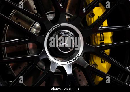 Sofia, Bulgaria - 3 June, 2022: Close-up of Mercedes-Benz logo is seen on a wheel of a car with ventilated ceramic brakes at Sofia Motor Show. Stock Photo