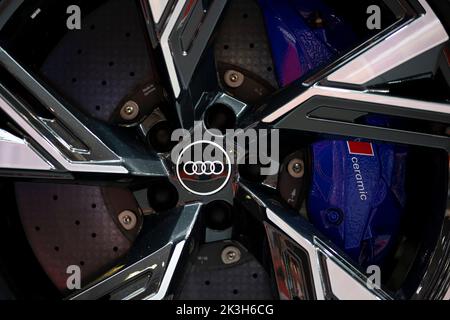 Sofia, Bulgaria - 3 June, 2022: Close-up of Audi logo is seen on a wheel of a car with ventilated ceramic brakes at Sofia Motor Show. Stock Photo