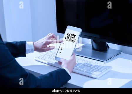 Conceptual display Click Fraud. Business concept practice of repeatedly clicking on advertisement hosted website Stock Photo