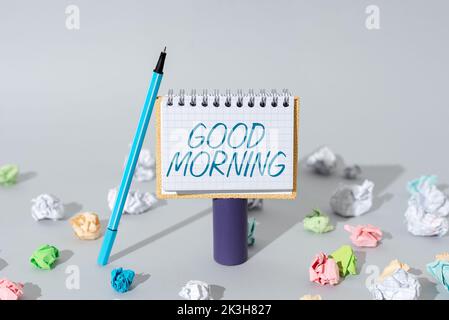 Writing displaying text Good Morning. Conceptual photo A conventional expression at meeting or parting in the morning Stock Photo