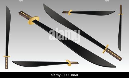 set of two Metal Sword, straight swords, Asia sword, vector realistic sword isolated on white background, vector illustration, Daggers and Knife Stock Vector