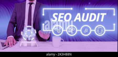 Text caption presenting Seo Audit. Business overview Search Engine Optimization validating and verifying process Stock Photo
