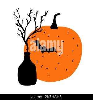Illustration of a black bat and a orange pumpkin on a white background Stock Vector