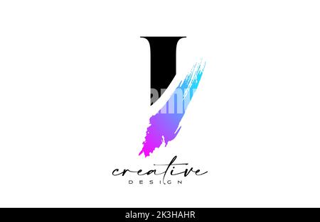 Brush Letter I logo desgn with Artistic Colorful Blue Purple Paintbrush Stroke Vector. Elegant Initial Modern I Logo Icon Idea with Serif Font Vector Stock Vector