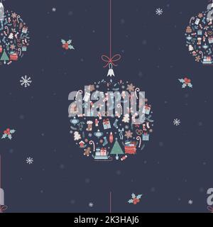 Christmas seamless pattern. Christmas tree ball from New Years decor on blue background. Vector illustration. Winter trend pattern, christmas ornament Stock Vector