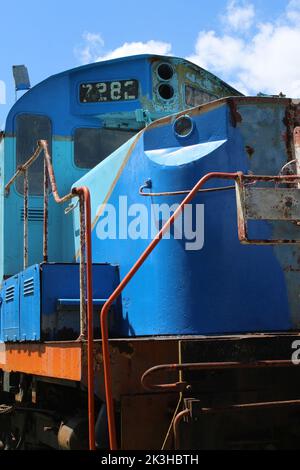 MERIDA, MEXICO - OCTOBER 5, 2016 Yucatan Railway Museum with train, tracks, locomotive with a clear blue sky Stock Photo