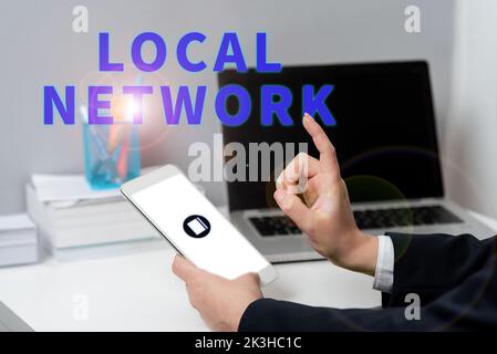 Writing displaying text Local Network, Business overview Intranet LAN Radio Waves DSL Boradband Switch Connection Stock Photo