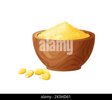 Corn flour in wooden bowl with seeds. Healthy gluten free food. Powde in organic product. Vector illustration isolated on white background. Stock Vector