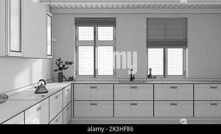 Blueprint unfinished project draft, japandi wooden kitchen. Parquet floor and beams ceiling. Panoramic windows. Minimalist interior design Stock Photo