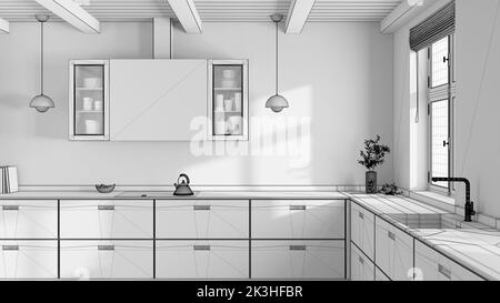 Blueprint unfinished project draft, wooden japandi kitchen. Parquet floor and beams ceiling. Minimalist interior design Stock Photo