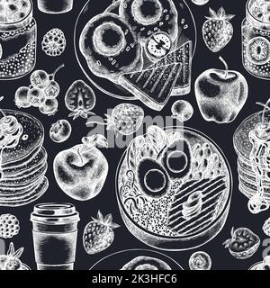Breakfast seamless pattern background design. Engraved style. Hand drawn pancakes, bowl with avocado, chia pudding, fried eggs, raspberry, blueberry Stock Vector