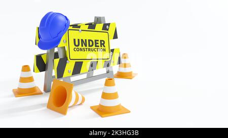 Under construction . Barrier with safety hat and traffic cone . Isolated white background . 3D rendering . Stock Photo