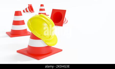 Under construction . Safety hat and traffic cone . Isolated white background . 3D rendering . Stock Photo