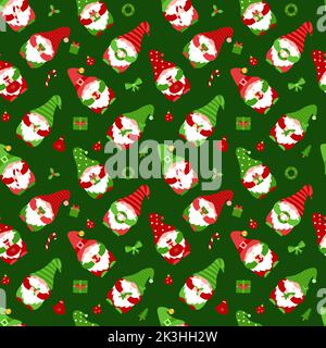 Seamless pattern with small gnomes in caps. Cute Christmas elf characters holding gift, candy, christmas ball.Flat vector elements for fabric, wallpap Stock Vector