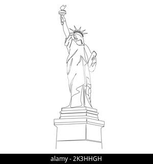 single line drawing of statue of liberty isolated on white background, lady liberty line art vector illustration Stock Vector