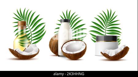 Coconut products compositions. Realistic oil in transparent glass bottle, cream in plastic jar with lid and milk, palm leaves, pieces and halves of Stock Vector