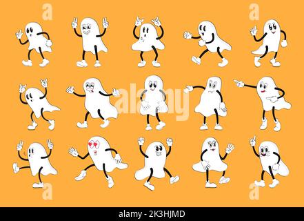 Boo mascot in retro style. Ghost with gloved hands. Hallowen sticker pack of funny cartoon characters Stock Vector
