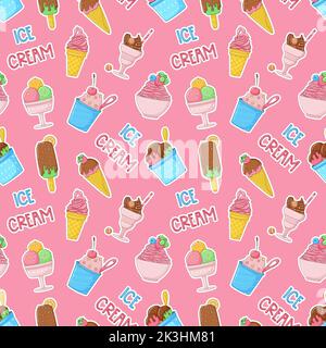 Summer seamless pattern with cartoon bright ice cream, popsicle, strawberry, chocolate. Wrapping paper, fabric, wallpaper design. Sweet summer food. V Stock Vector