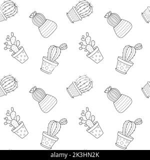 Seamless pattern with hand drawn doodle outline potted cactuses. Home plant, linear succulent. Vector black and white illustration on white background Stock Vector