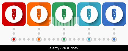 Usb vector icons, infographic template, set of flat design symbols in 5 color options Stock Vector