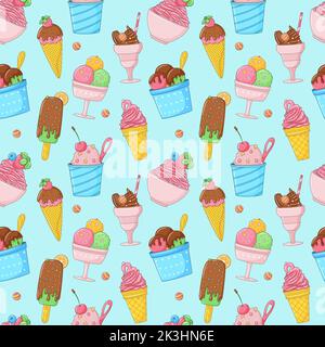 Summer seamless pattern with cartoon bright ice cream, popsicle, strawberry, chocolate. Wrapping paper, fabric, wallpaper design. Sweet summer food. V Stock Vector