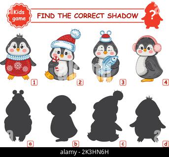 Christmas penguins, find correct shadow shape. Education match children game. Arctic animals in New Year clothes. Search similar silhouette vector Stock Vector