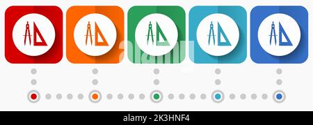 Geometry, education vector icons, infographic template, set of flat design symbols in 5 color options Stock Vector